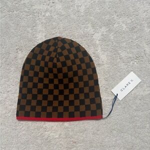 Clare V. Brown & Black Checker Beanie with Red Edge